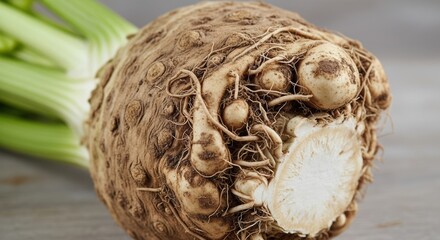 Fototapeta premium Wholesome celeriac root with rough, textured skin and green stalks, showing its white interior on rustic wood, healthy produce photography.