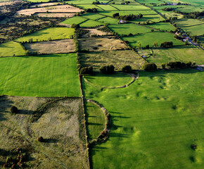 North over the four Priddy Circles, Somerset. Neolithic circular henge-like earthwork enclosures probably ritual Neolithic contemporary to Stonehenge