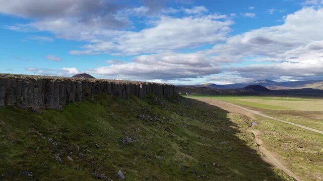 4K Aerial Drone Footage of Gerduberg Cliffs in Iceland on a Sunny Day