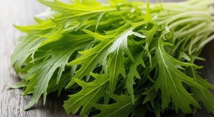 Obraz premium Fresh vibrant green Mizuna leaves arranged on a rustic wooden table, ready for a healthy meal preparation, emphasizing organic natural produce and