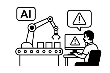 Fototapeta premium Artificial intelligence robotic arm failure warning monitored by human operator