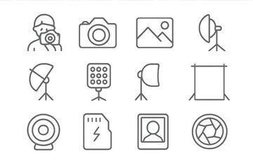 Fototapeta premium Professional collection of photography and studio equipment symbols for digital interfaces