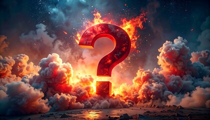 Red question mark amidst smoky chaos, lit by fiery light against a dark, textured ground and dramatic sky