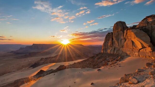 Golden Hour Desert: As the sun dips below the horizon, painting the desert landscape with a warm glow, creating a moment of peace.