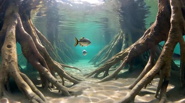 Underwater Sanctuary: A breathtaking underwater scene, featuring a solitary fish navigating through the intricate root system of mangroves, creating a sense of wonder and exploring the hidden world