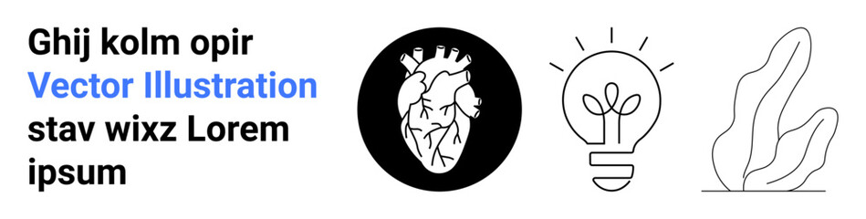 Education, innovation, sustainability, medical concepts, creativity, natural . A heart symbol, lightbulb with plant abstract leaf illustration. Innovation and sustainability concept