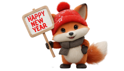 Cute fox in red hat with Happy New Year sign isolated on a transparent background