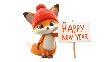 Cute fox with red hat holding sign isolated on a transparent background