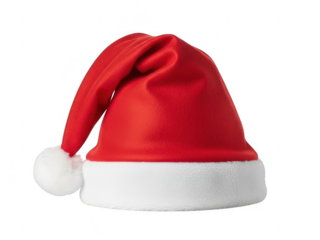 Red santa hat with white trim and fluffy white pom pom on top isolated on transparent background