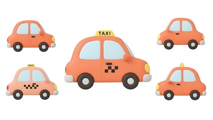 Naklejka premium Cartoon orange taxis in various views isolated on white
