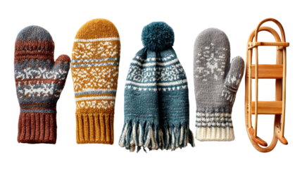 Knitted gloves, wool yarn, sled toy, and scarf arranged side by side on transparent background