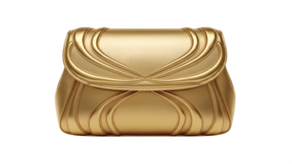 Luxurious gold leather clutch handbag with intricate stitching detail isolated on transparent background