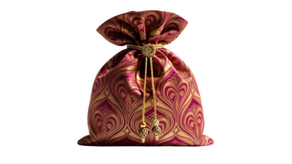 Traditional indian brocade potli bag with gold tassels isolated on transparent background