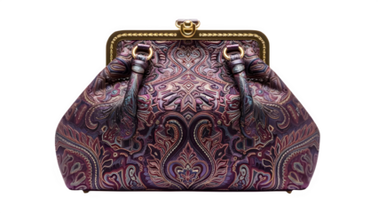 Elegant purple brocade evening clutch bag with gold frame isolated on transparent background