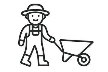 Happy farmer pushing a garden wheelbarrow simple black and white design