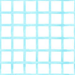 Seamless blue square pattern. Vertical and horizontal lines form a square grid. Watercolor and marker illustration. Hand drawn, isolated. Suitable for packaging, textiles, wallpaper and backgrounds.