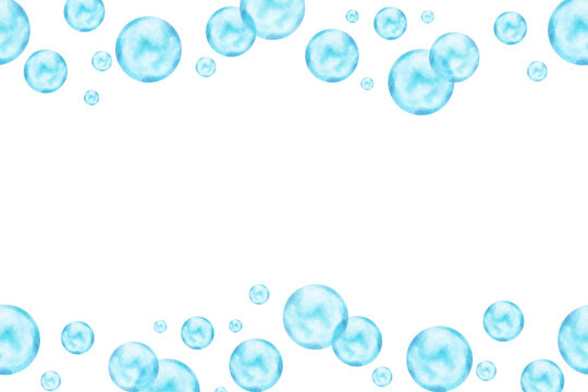 Horizontal frame of water bubbles streams. Watercolor illustration. Blue transparent underwater element. Hand drawn isolated art. Border for marine, summer and cosmetic themes, children's projects.