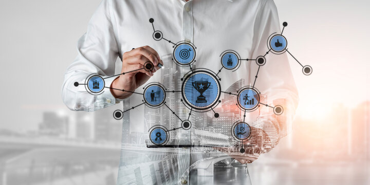 A business professional demonstrates concepts of digital growth and success using an innovative approach with a cityscape background and technology icons. Tessel - Powered by Adobe