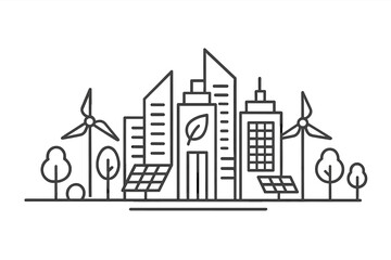 Obraz premium Sustainable urban landscape with skyscrapers, wind turbines, and solar panels