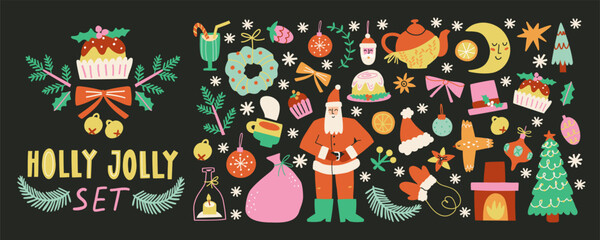 Christmas new year funky clipart. Holiday gifts, santa, christmas tree, christmas star, coziness. Holiday seasonal vector illustrations in retro groovy style