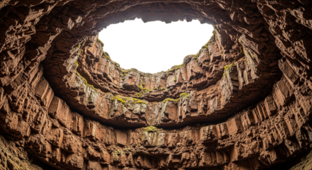Looking up from inside a volcanic cave, circular opening to bright sky, textured rock walls, green moss isolated on transparent background