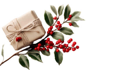 Pine sprig with clustered red holly berries and a medium-sized gift box on transparent background