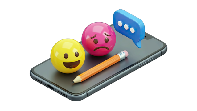 Happy and sad emoji faces with speech bubble and pencil on a smartphone with a transparent background representing communication and feedback - Powered by Adobe