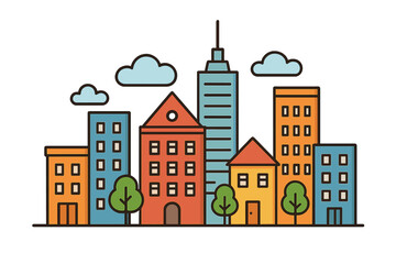 Obraz premium Vibrant cartoon city skyline featuring buildings, trees, and clouds on white