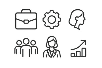 Fototapeta premium Essential business and management symbols featuring briefcase, gear, team, and growth chart