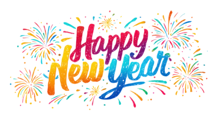 Playful colorful Happy New Year script with small decorative elements on transparent background