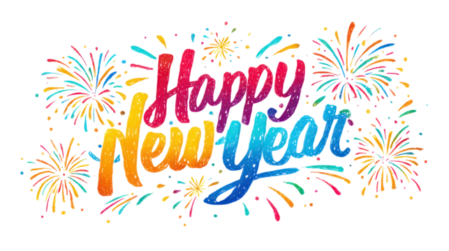 Playful colorful Happy New Year script with small decorative elements on transparent background - Powered by Adobe