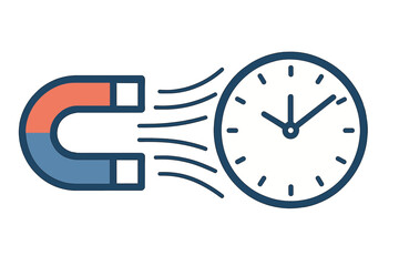 Magnetic force pulling a clock face representing urgency, time management, and scheduling deadlines