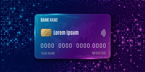 Credit card with chip and contactless icon on glowing blue and purple dotted background for online payments, and secure transactions. Vector illustration.