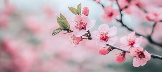 Fototapeta premium Serene Pastel Spring Blossoms on Rustic Branch with Soft Blurred Aesthetic Background Ambience