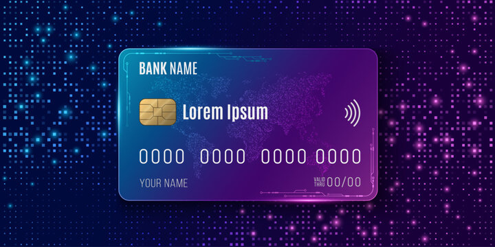 Credit card with chip and contactless icon on glowing blue and purple dotted background for online payments, and secure transactions. Vector illustration.