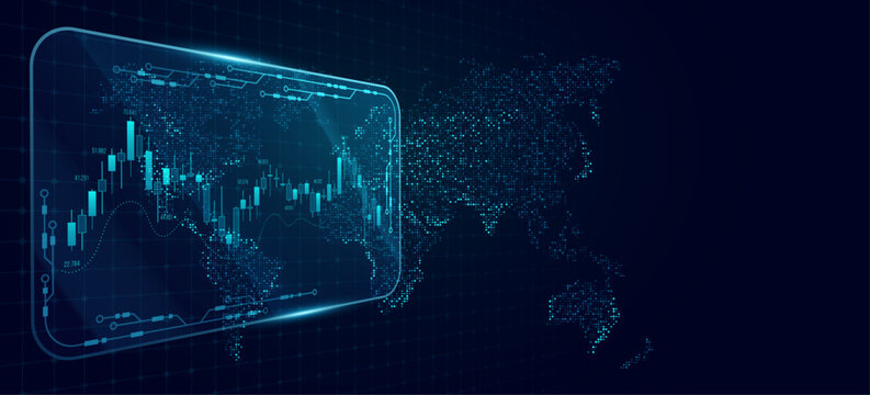 World market analysis interface with glowing candlestick chart and Earth map. Global data visualization. Trading platform and investment economy analytics for Finance background. Vector illustration.
