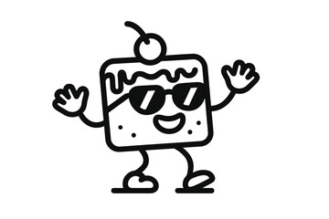 Cheerful square dessert character wearing stylish dark sunglasses with arms raised