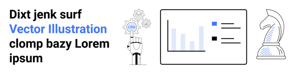 Business strategy, data analytics, technology, decision-making, innovation, productivity. A robotic hand with gears, a data chart and a chess knight. Business strategy and data analytics