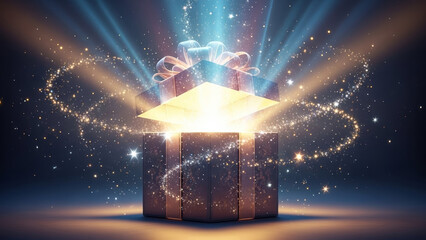 Magical glowing gift box opening with sparkling light beams and swirling particles, fantasy surprise concept symbolizing wonder, celebration and holiday magic