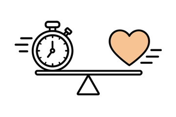 Time management and health priorities balanced on a scale with stopwatch and heart icon