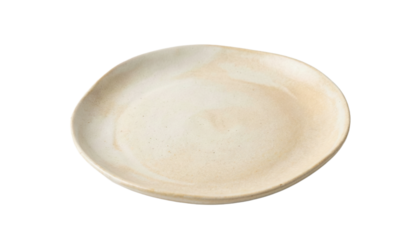 Minimalist Ceramic Plate: An elegant, light-toned ceramic plate stands isolated. The subtly irregular edge gives the object a unique sense of handcrafted beauty and organic aesthetic.