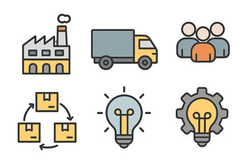 Business concepts icons set for manufacturing, logistics, teamwork, and innovative ideas