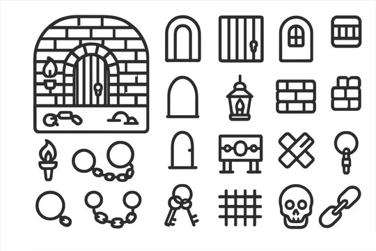 Medieval dungeon and prison elements including shackles, keys, skull, and barred doors