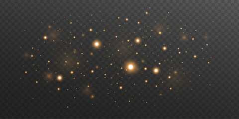 Glowing golden particles with blur effect on transparent dark background. Atmosphere element for overlaying on images, fantasy scenes or weather visual effect. Vector illustration.