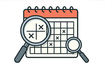Detailed review of scheduled events and canceled dates on a monthly calendar with magnifying tools