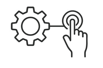 Hand pressing a virtual button connected to a settings gear icon for configuration control
