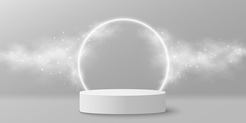 Fototapeta premium 3D white podium surrounded by soft fog effect and flying lights with glowing neon ring frame. Abstract dreamy cylindrical stage for showcasing brand product. Vector illustration.