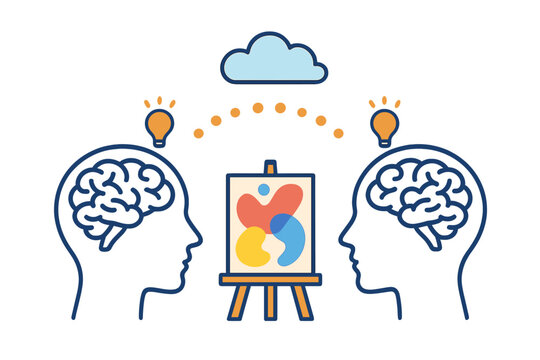 Conceptual representation of creative collaboration, shared ideas, brainstorming, and artistic inspiration between two minds