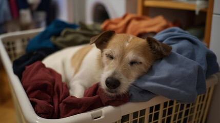 A pet curled up in a laundry basket full of warm clothes, peacefully asleep as the hum of the dryer becomes a soothing soundtrack &mdash; charming, candid moment of home life. cinematic color correction,