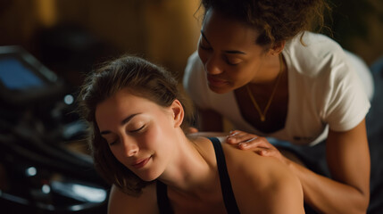 A physical therapist adjusting a padded hydraulic treatment table while guiding a patient into position for mobility exercises, focusing on comfort and controlled movement. cinematic color